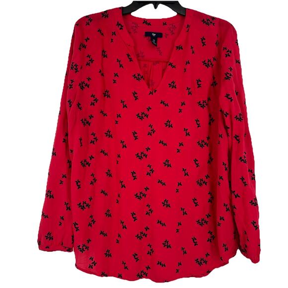 Gap Womens Red Butterfly Print Popover Top Long Sleeve V Neck Boho Size L - Picture 1 of 10